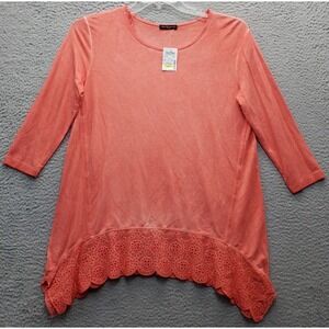 Cha Cha Vente Tunic Top Womens Small Orange Rayon Stretch‎ Eyelet Hem Round Neck